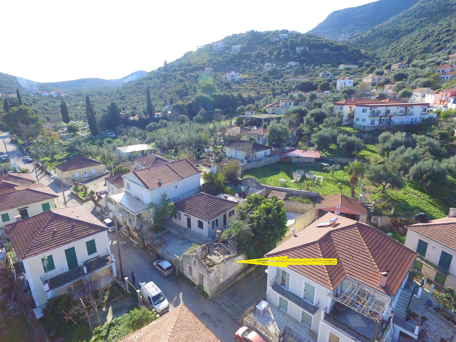 Aerial views of ruin for sale on Ithaca Greece, Vathi