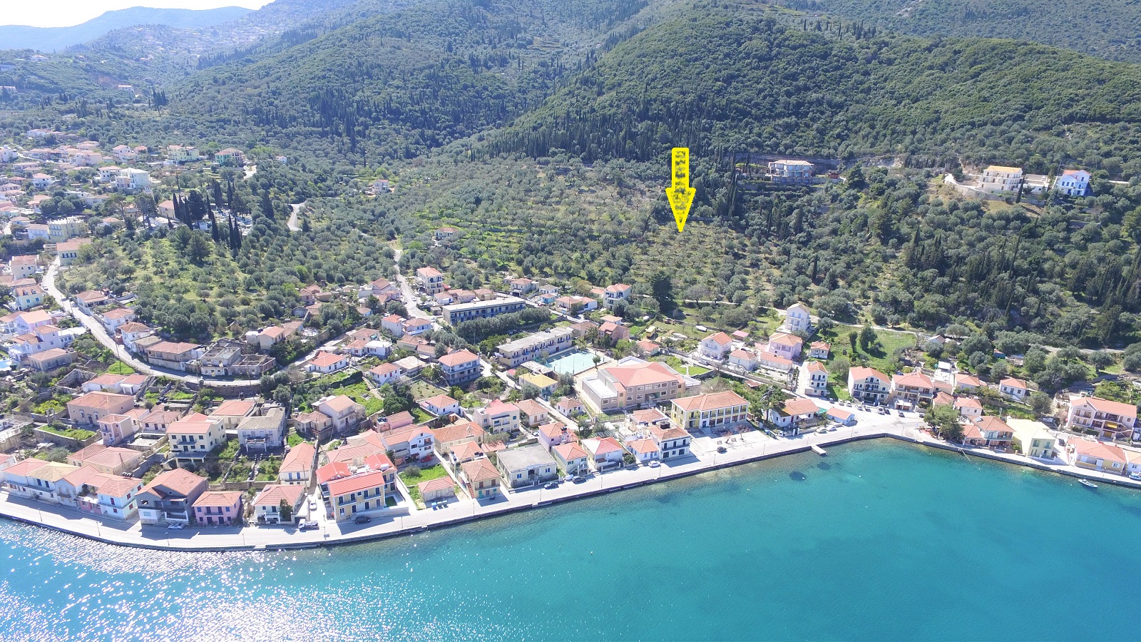 Aerial views of land for sale Ithaca Greece, Vathi