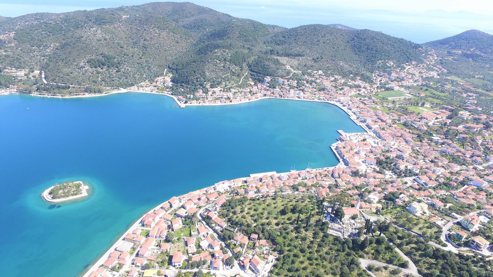 Aerial views of land for sale Ithaca Greece, Vathi