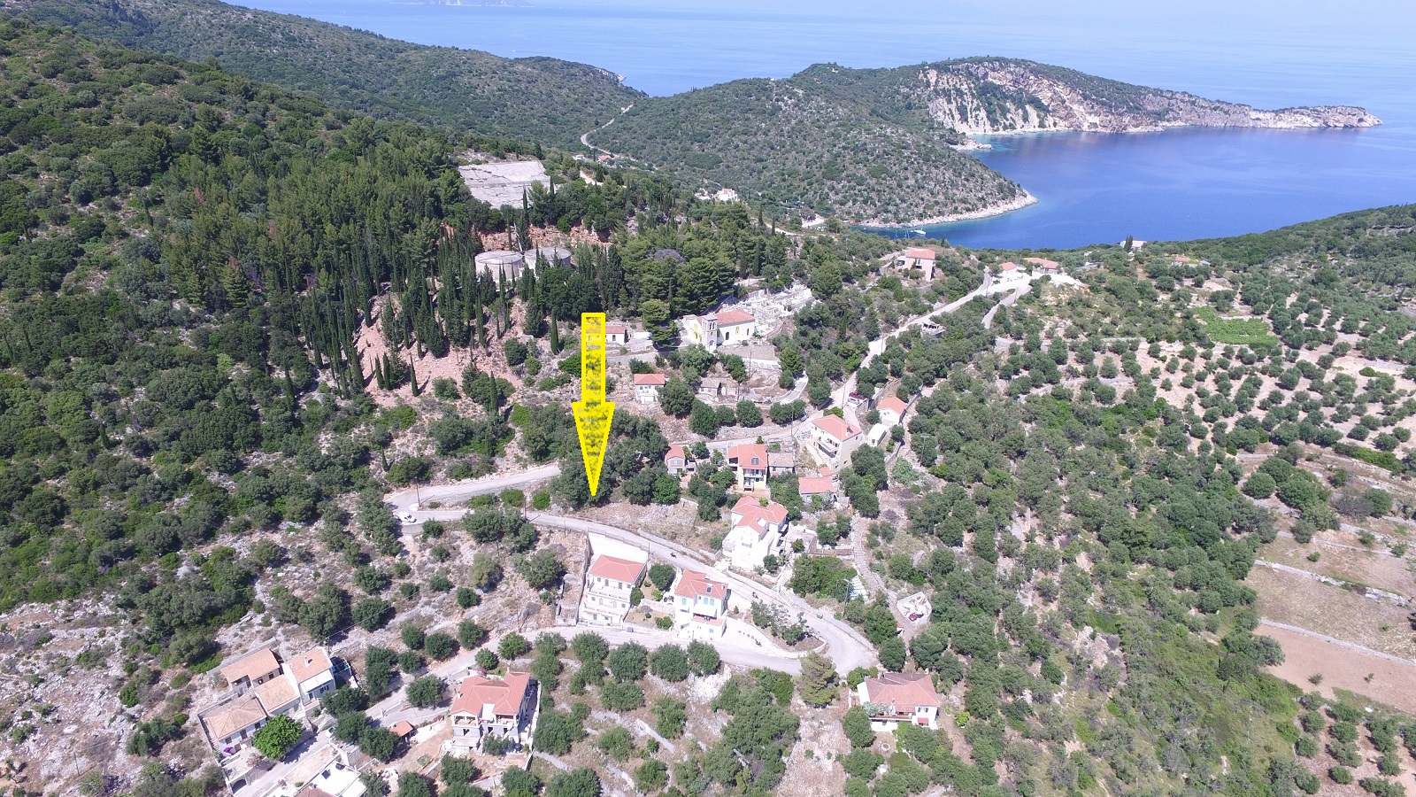 Aerial views of land for sale on Ithaca Greece, Vathi