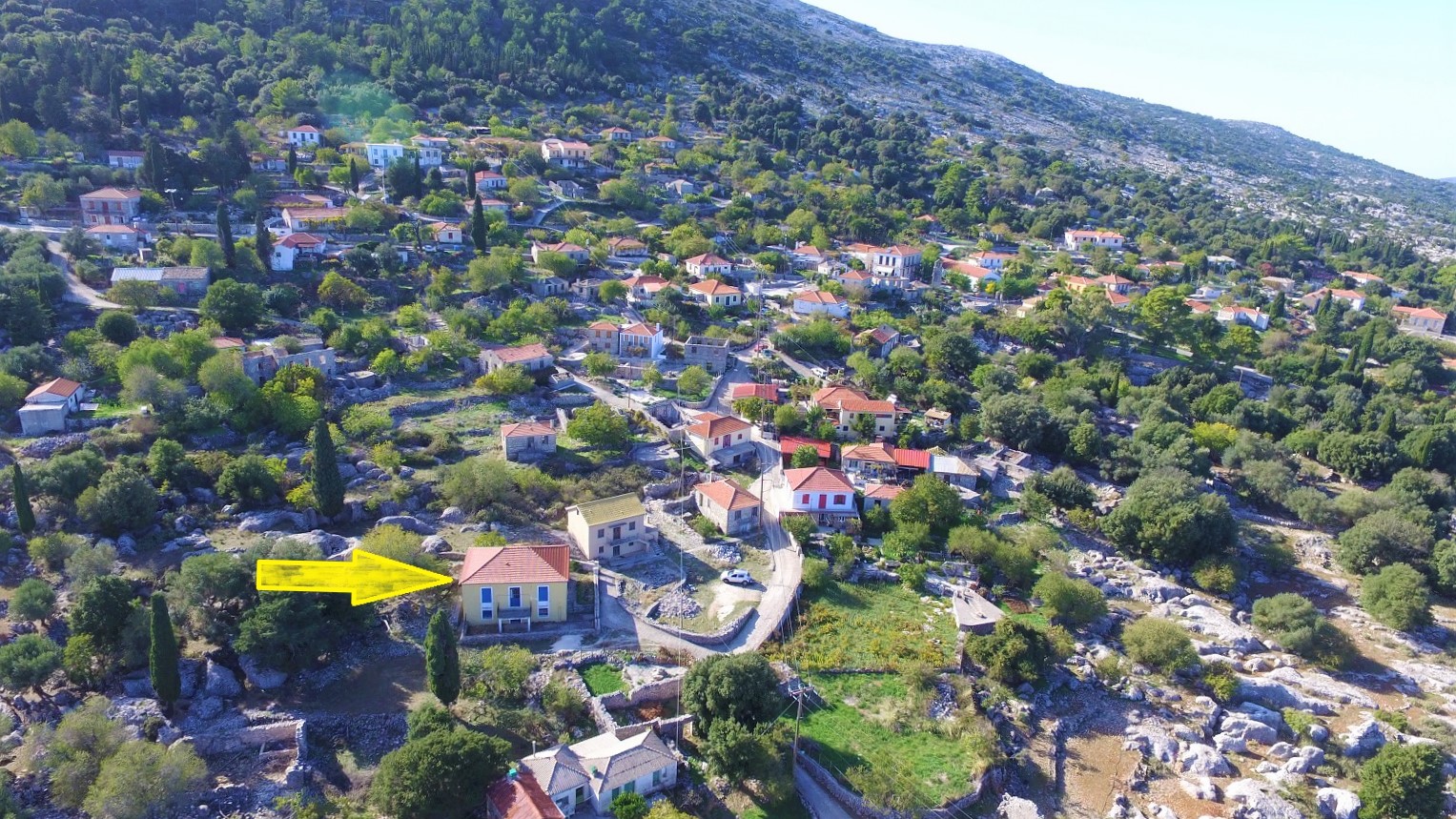 Aerial views of house for sale on Ithaca Greece, Anoghi