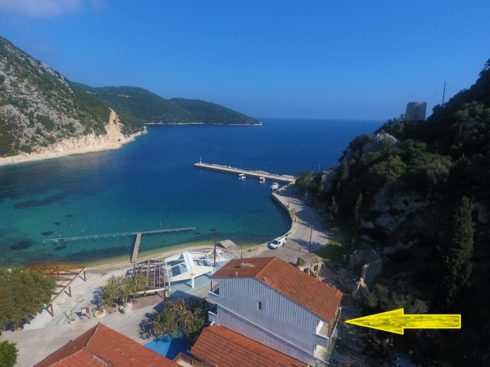 Aerial views of house for sale on Ithaca Greece, Frikes