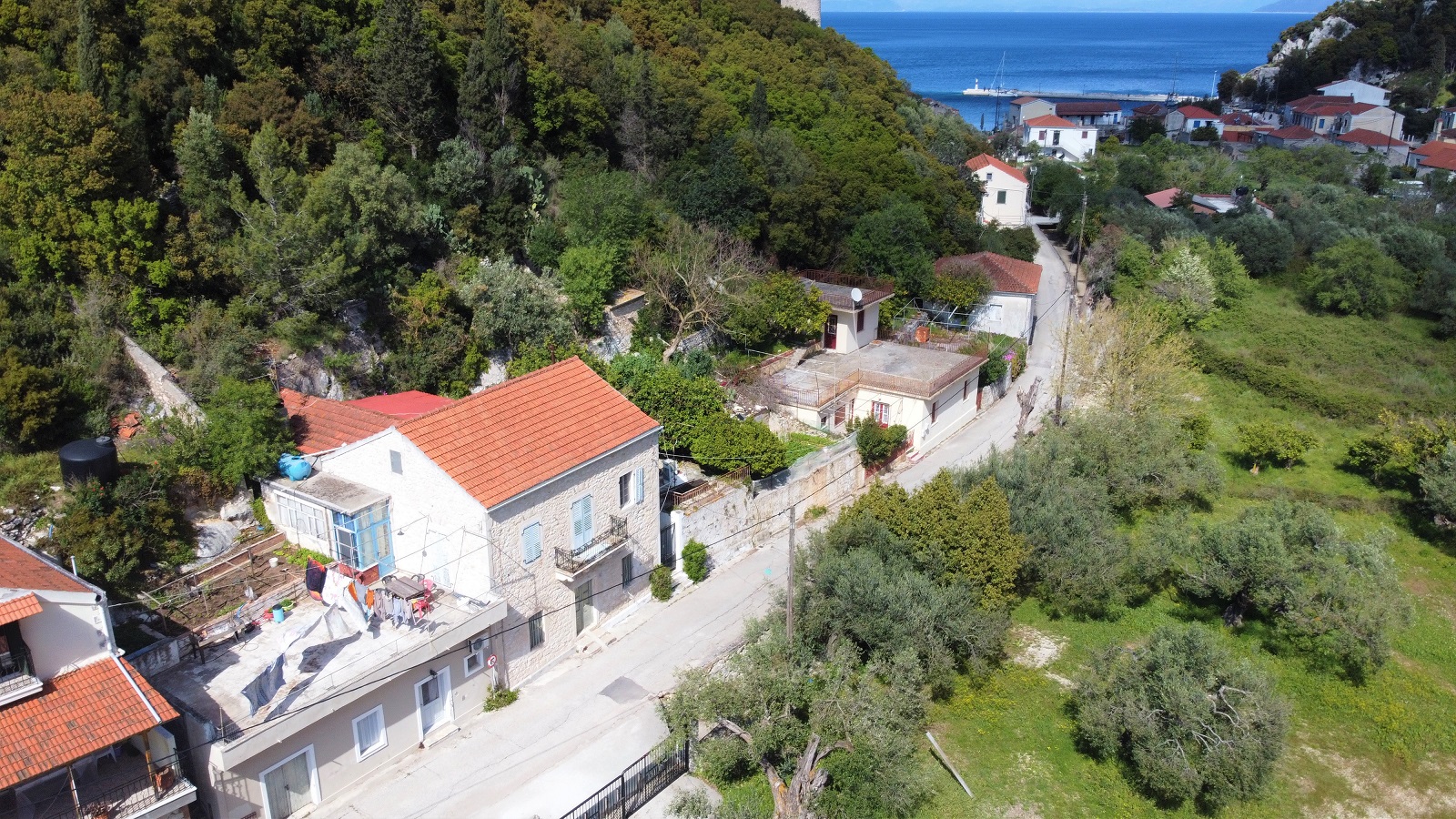 Aerial view of house for sale Ithaca Greece, Frikes
