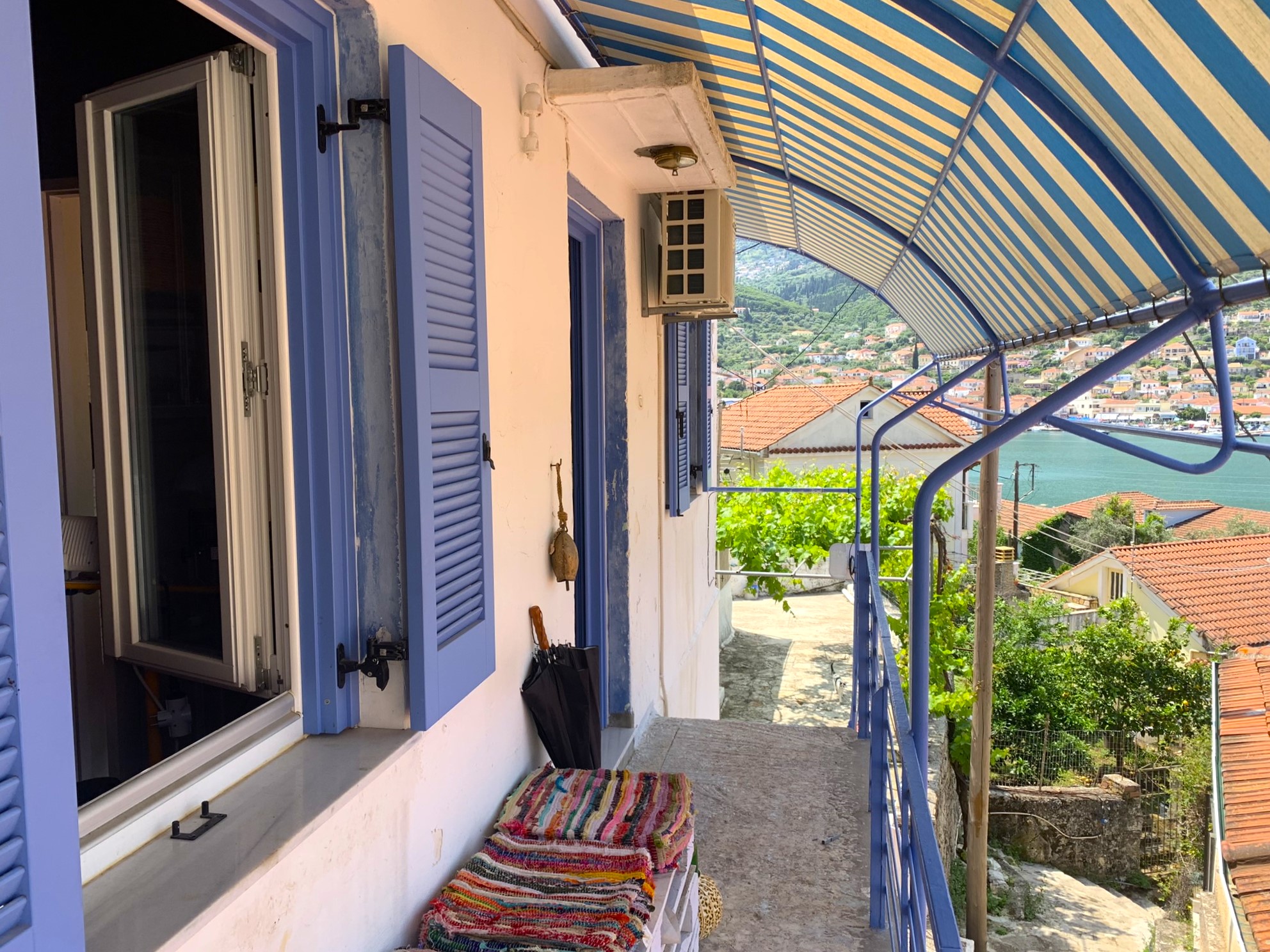 Balcony and views of house for sale on Ithaca Greece, Vathi