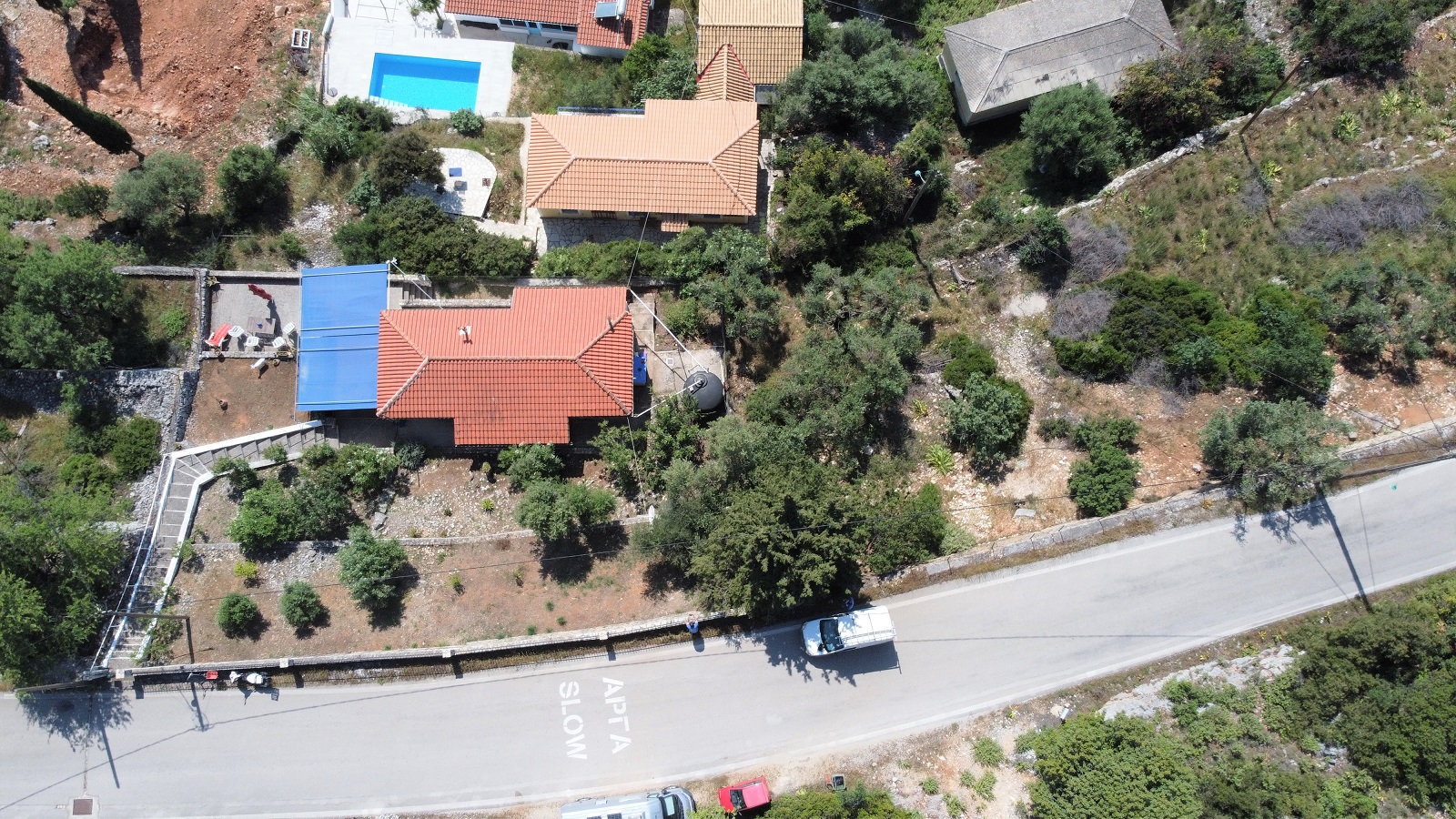 Aerial views of house for sale on Ithaca Greece, Lefki
