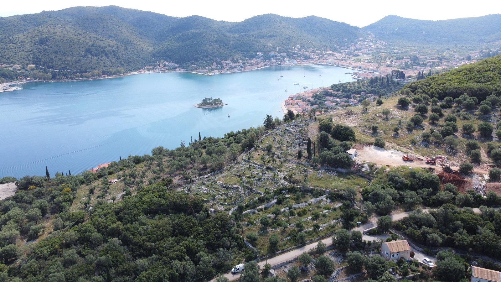 Aerial views of plot for sale on Ithaca Greece, Vathi