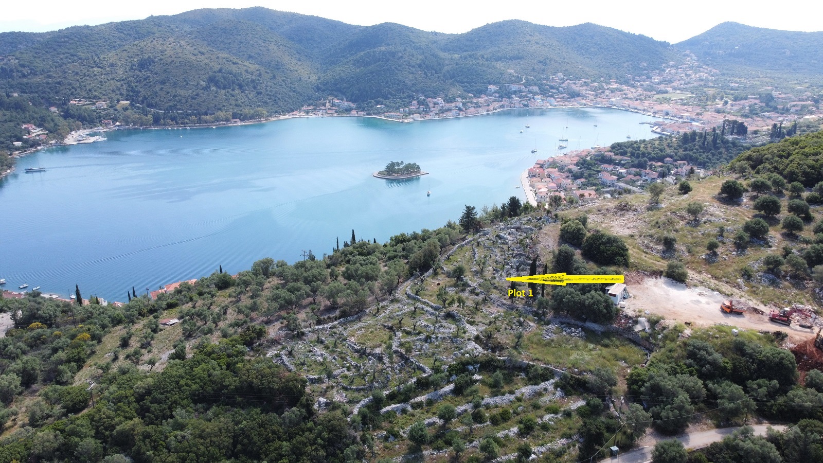 Aerial views of plots for sale on Ithaca Greece, Vathi