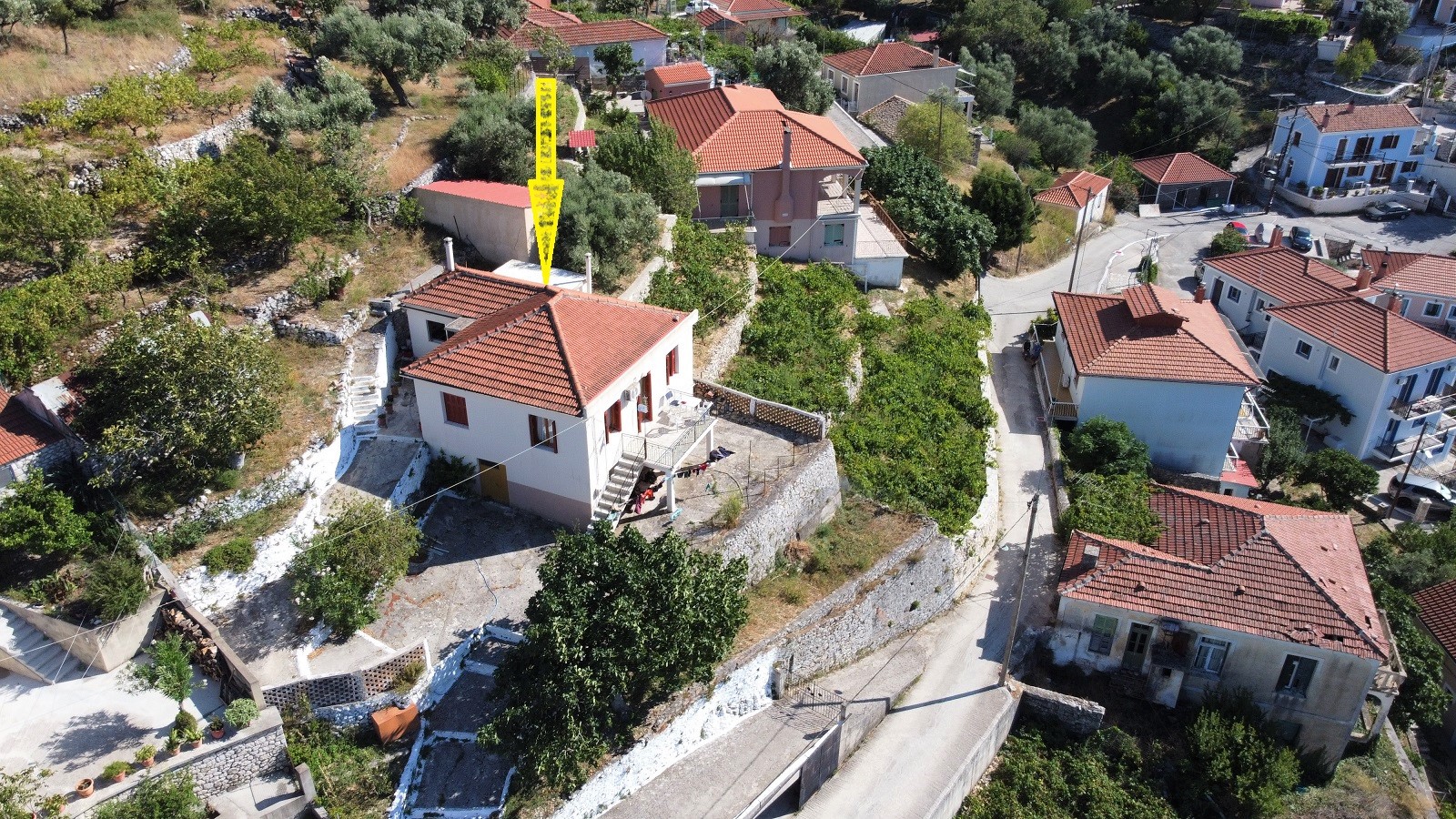 Aerial view of house for sale on Ithaca, Greece, Perachori