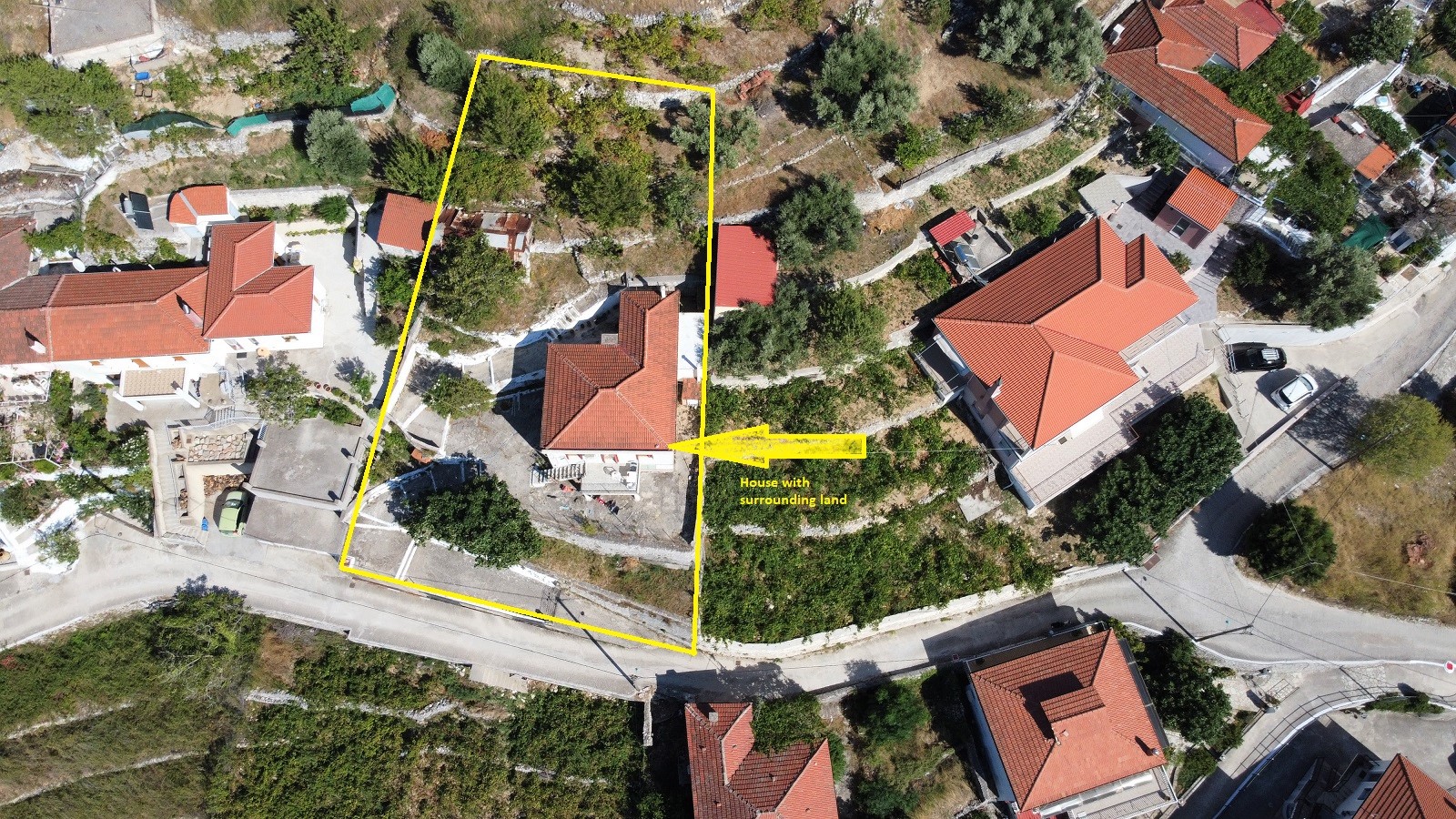 Aerial view of house and land for sale on Ithaca, Greece, Perachori