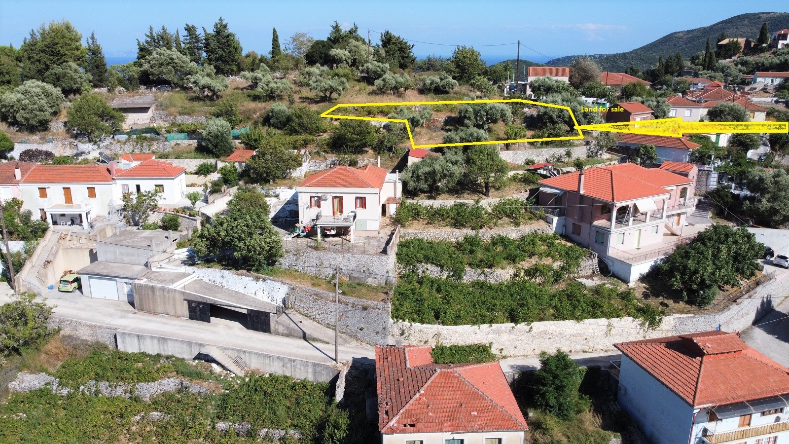 Aerial view of land for sale on Ithaca, Greece, Perachori