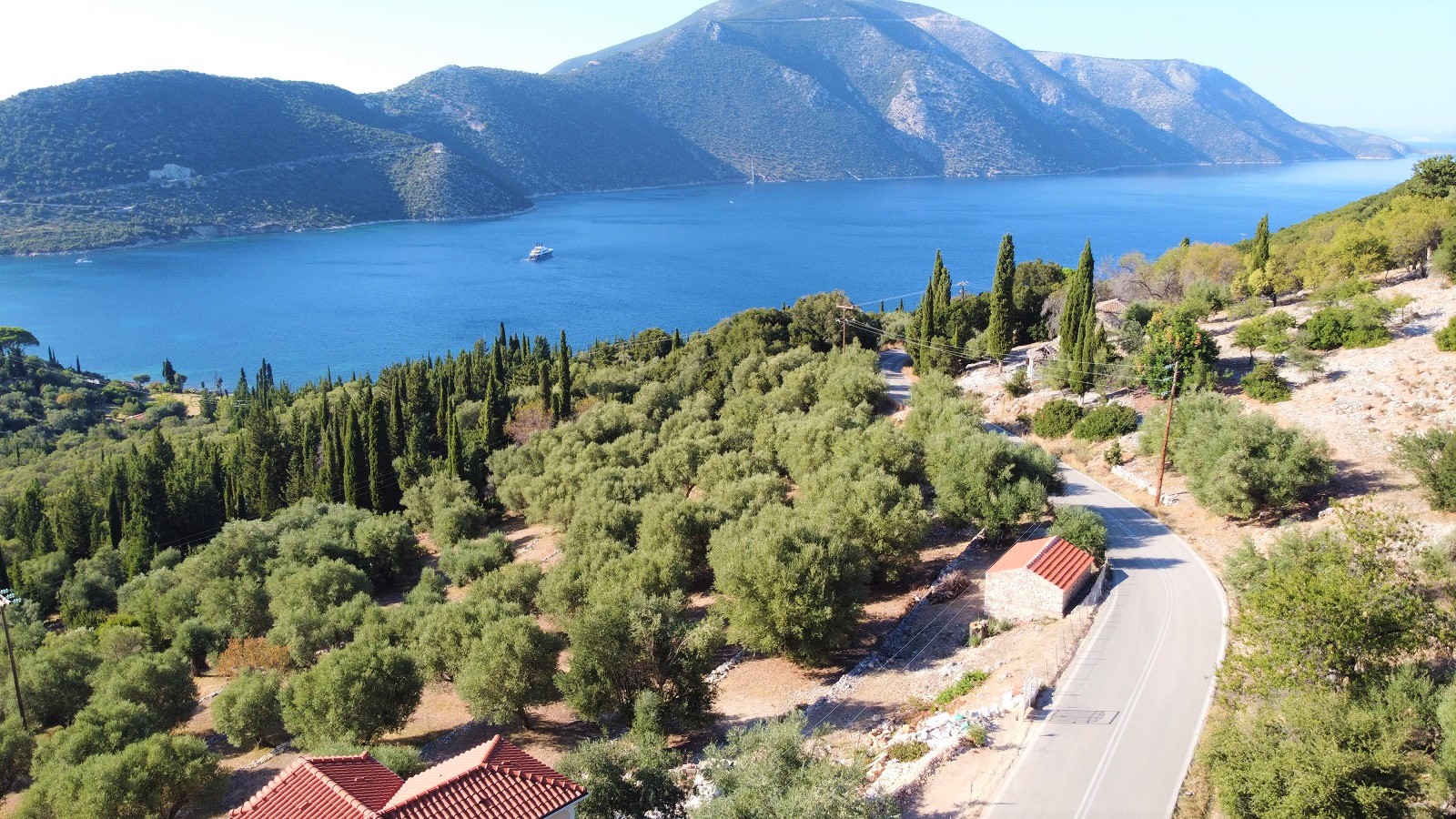 Aerial view of land for sale on Ithaca, Greece, Pisaetos