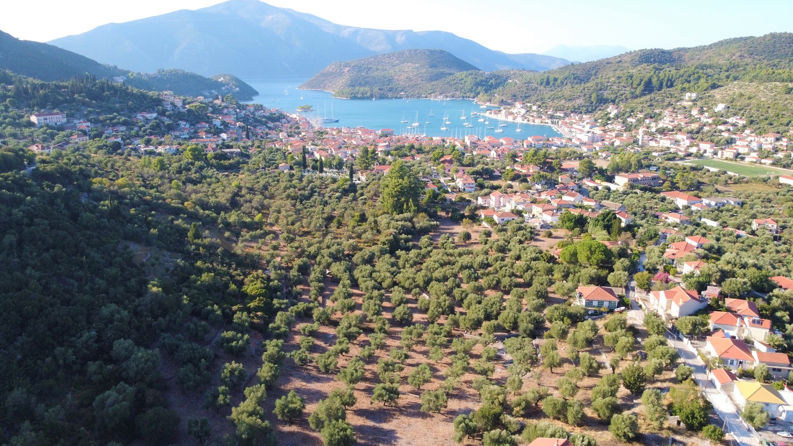 Aerial view of land for sale on Ithaca, Greece, Vathi