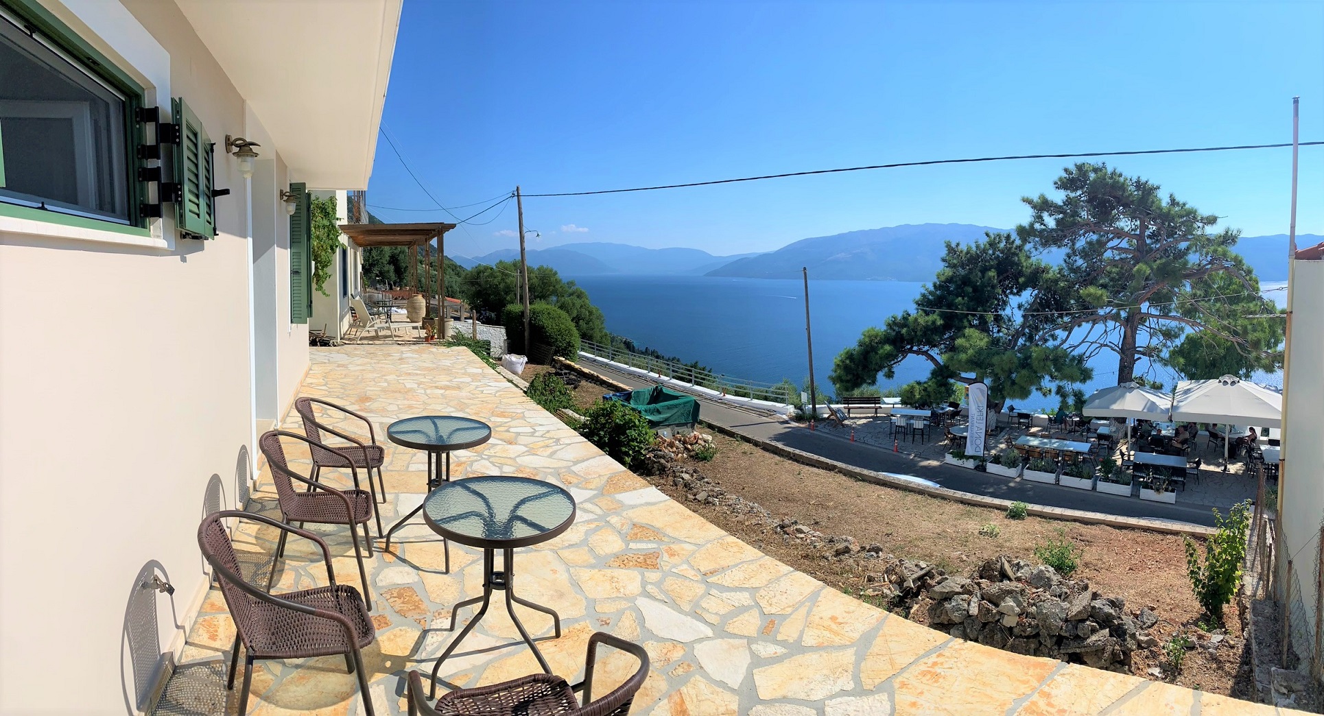 Patio and views from house for rent on Ithaca Greece, Lefki