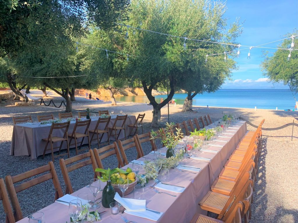 table setting at birthday party, Filiatro Beach, Ithaca Greece