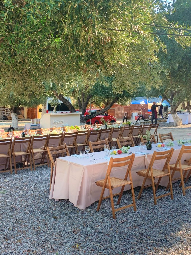 tables and open bar at Birthday party, Filiatro beach, Ithaca Greece