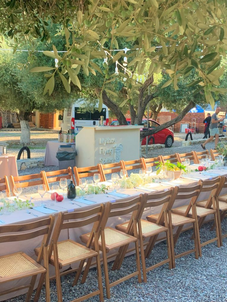 table setting and open bar by Mythos catering, Birthday party, Filiatro beach, Ithaca Greece
