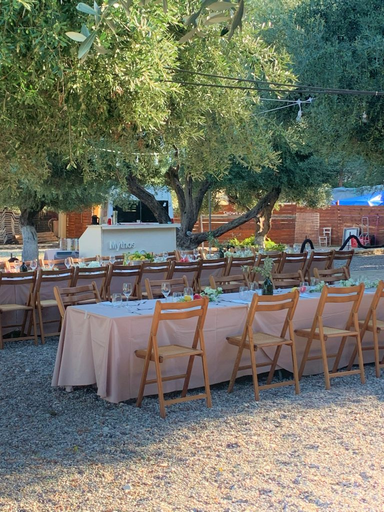 table setting and open bar, Birthday party Filiatro beach, Ithaca Greece