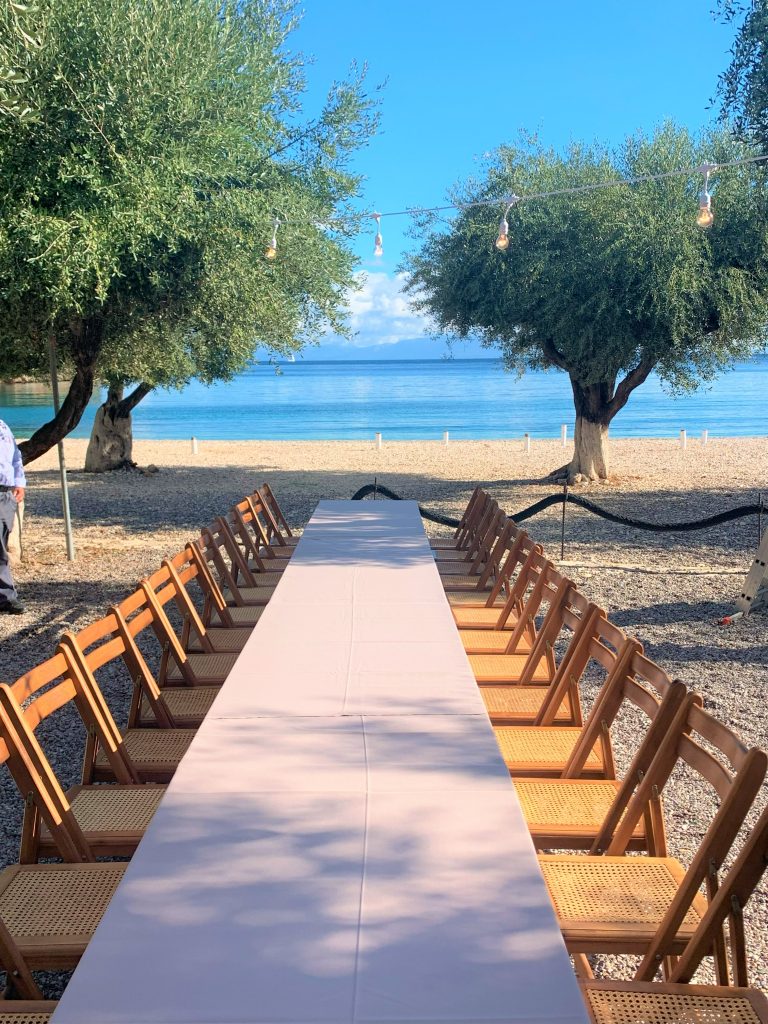 tables and chairs for birthday party at Filiatro Beach, Ithaca Greece