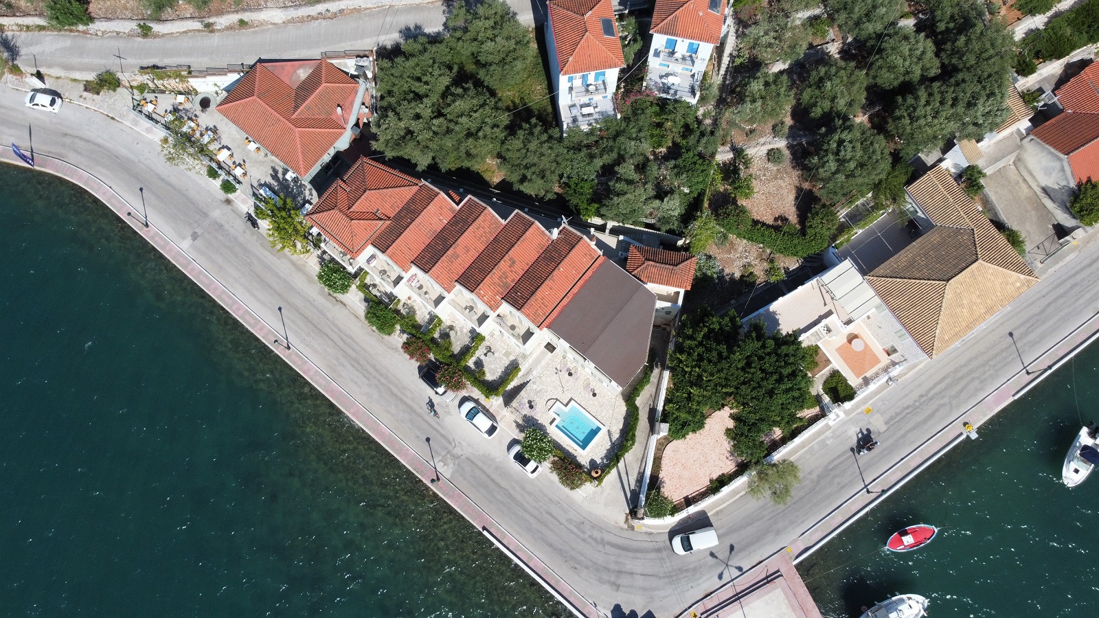 Aerial view of hotel for sale on Ithaca Greece, Vathi