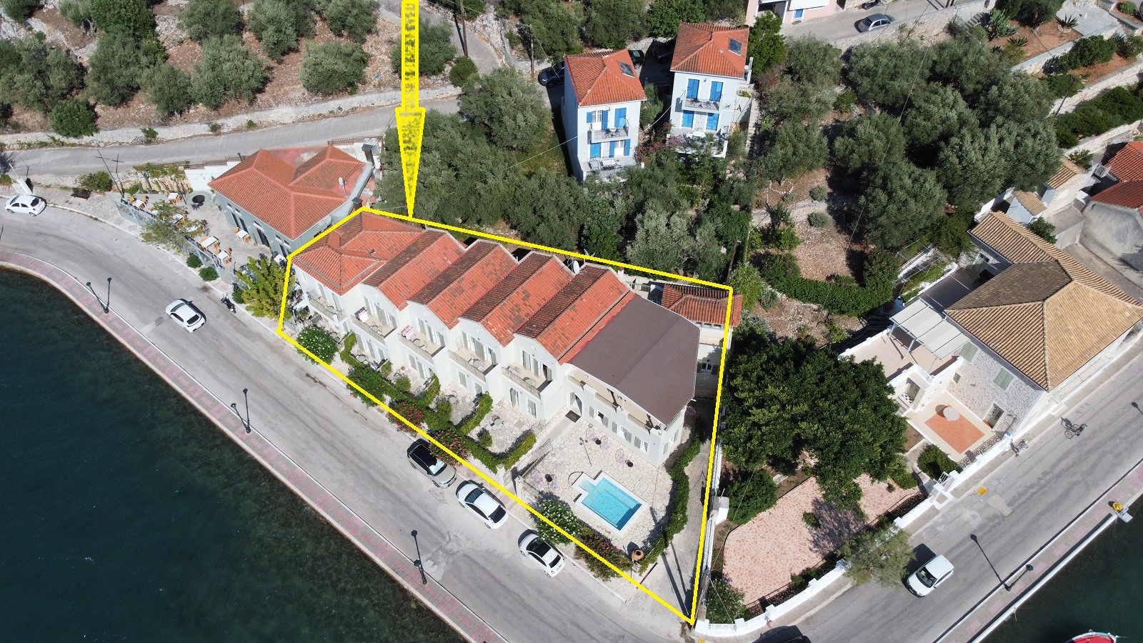 Aerial view and location of hotel for sale on Ithaca Greece, Vathi