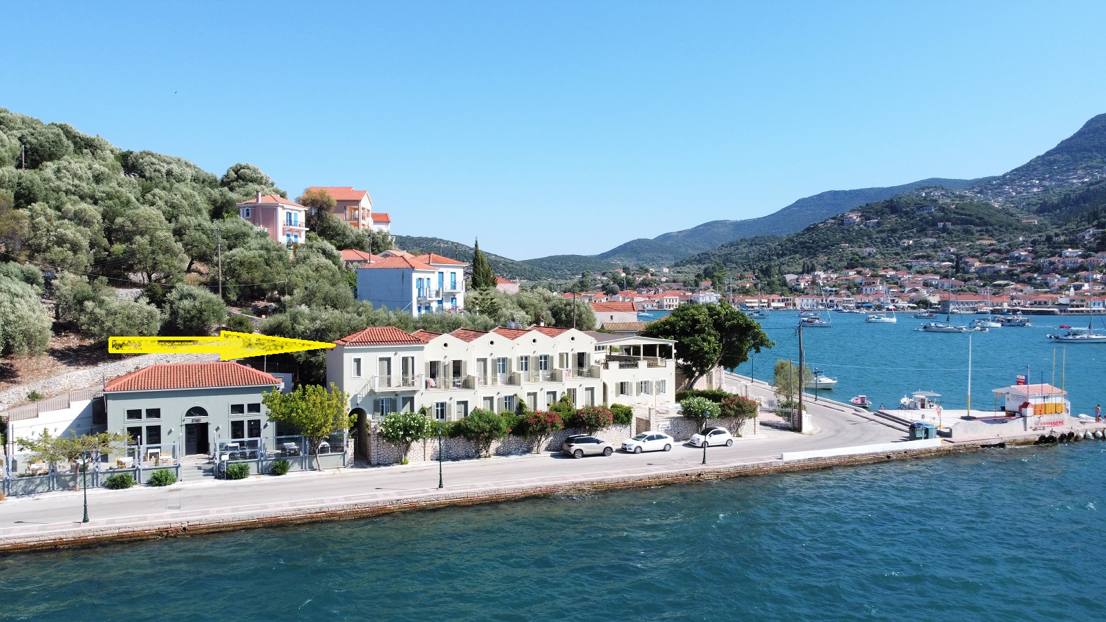 Aerial view of hotel for sale on Ithaca Greece, Vathi