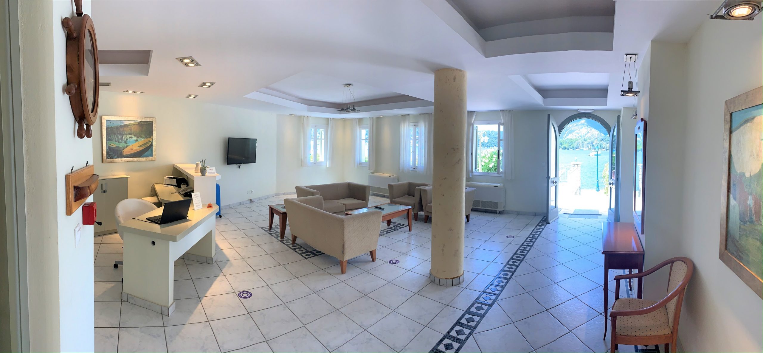 Reception area of hotel for sale on Ithaca Greece, Vathi