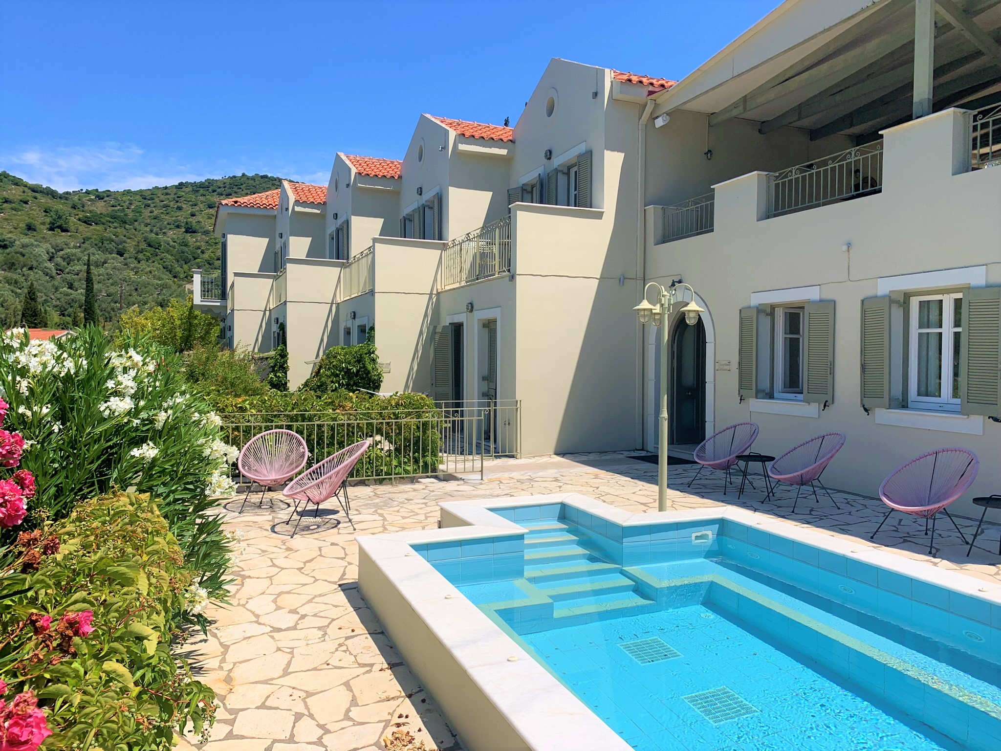 Patio with pool of hotel for sale on Ithaca Greece, Vathi