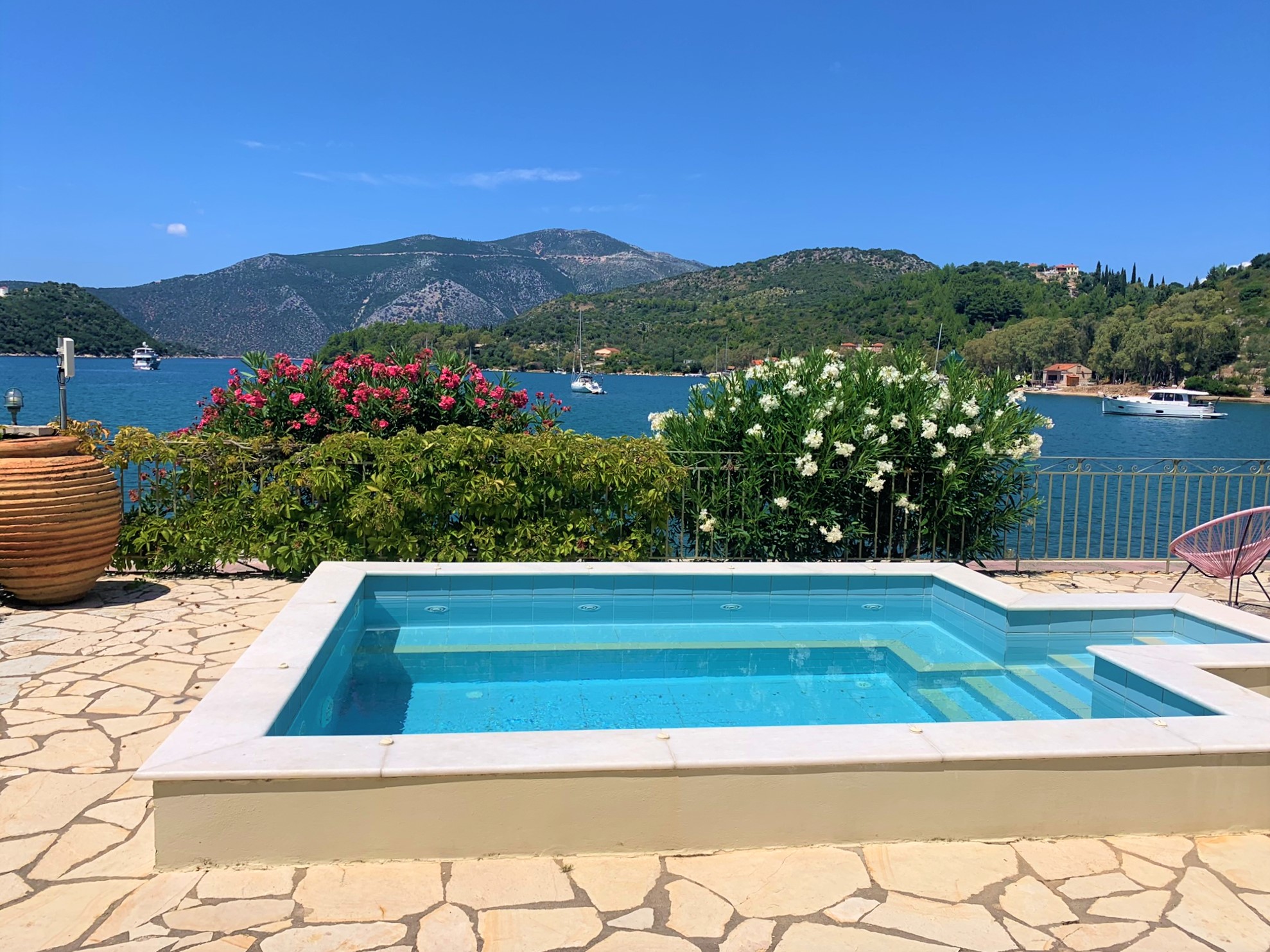Patio with pool of hotel for sale on Ithaca Greece, Vathi