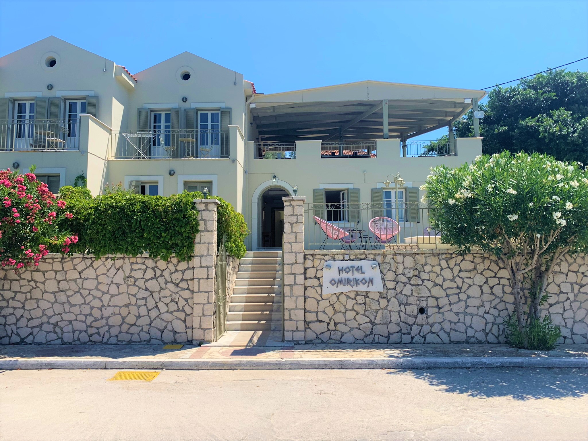 Entrance and facade of hotel for sale on Ithaca Greece, Vathi