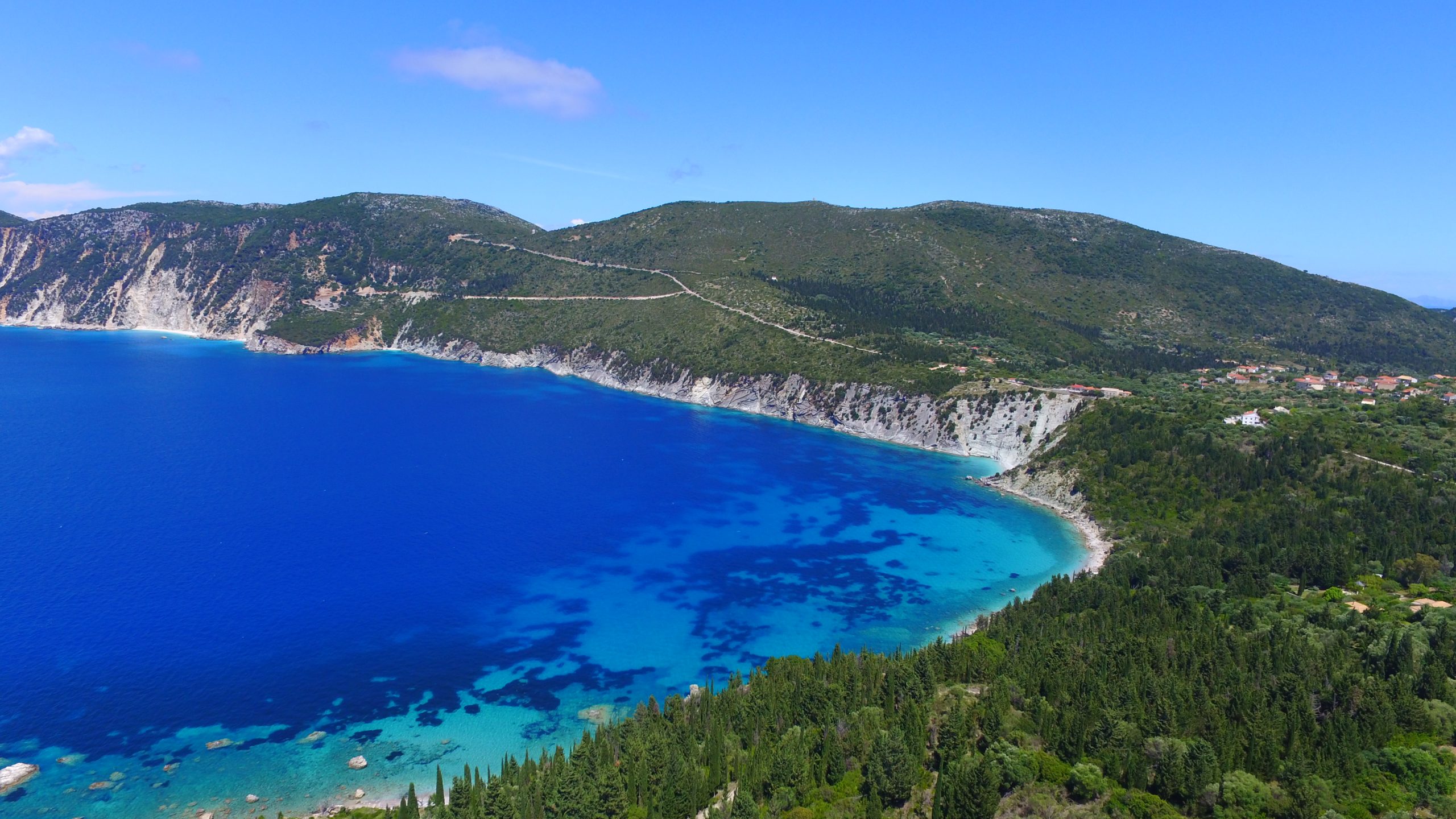 Aerial view of Afales bay from land with building license for sale on Ithaca Greece, Kolleri