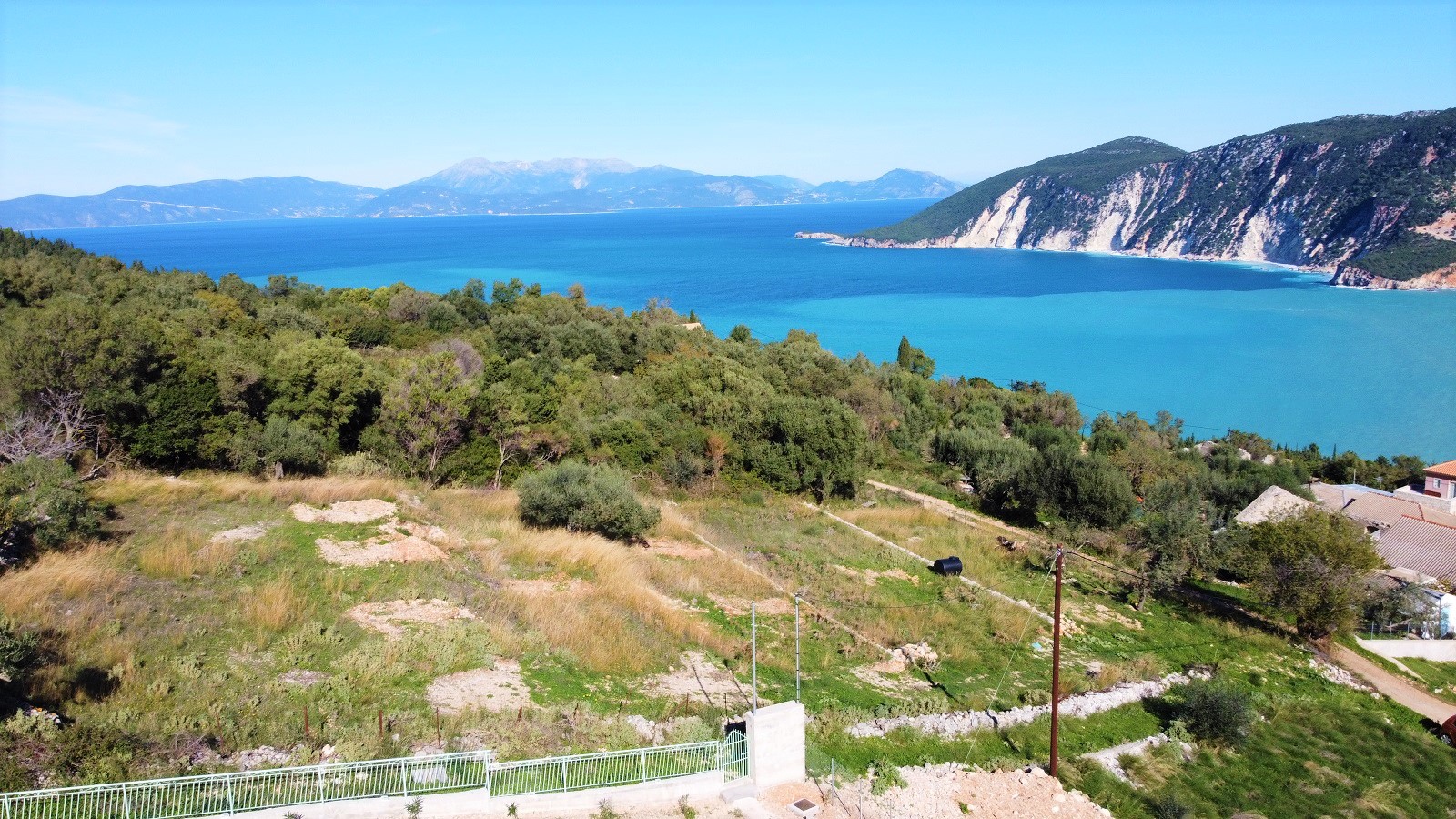 Aerial view of land with building license for sale on Ithaca Greece, Kolleri
