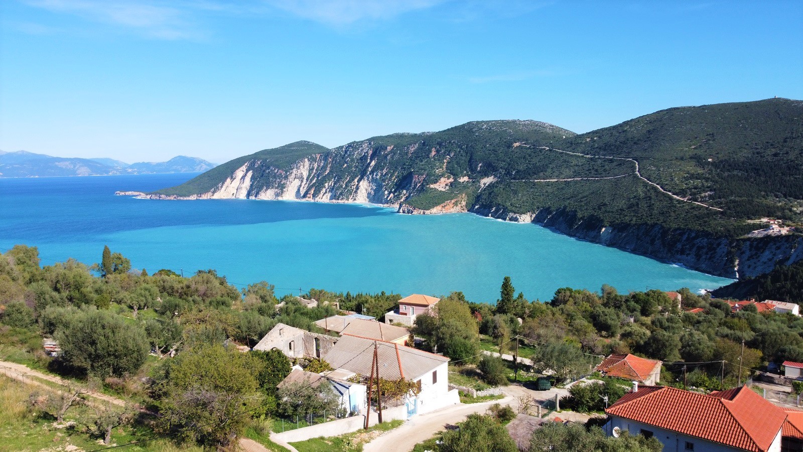 Aerial views from land with building license for sale on Ithaca Greece, Kolleri
