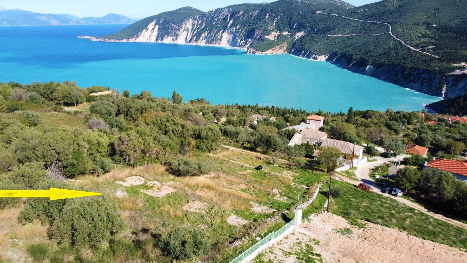 Aerial view and location of land with building license for sale on Ithaca Greece, Kolleri