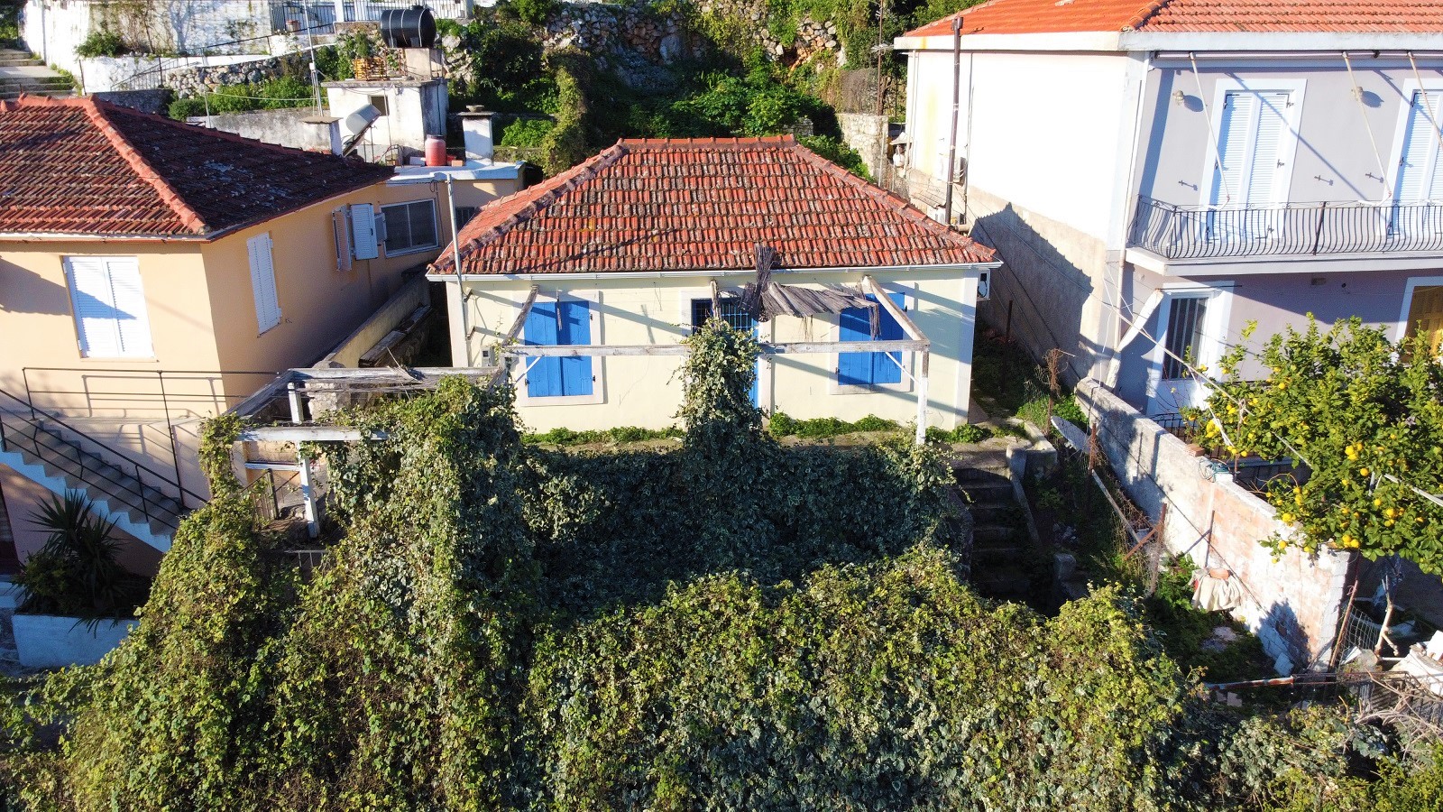 Aerial view of house for sale in Ithaca Greece, Vathi
