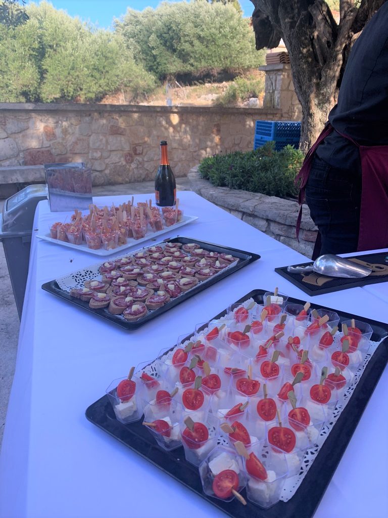 Welcome drinks and nibbles at wedding ceremony on Ithaca Greece