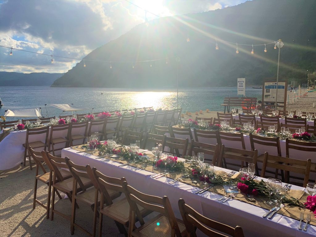 Table arrangements for beach wedding reception on Ithaca Greece