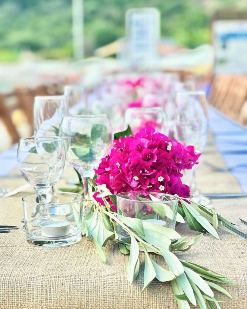 Flower arrangement detail for wedding reception on Ithaca Greece