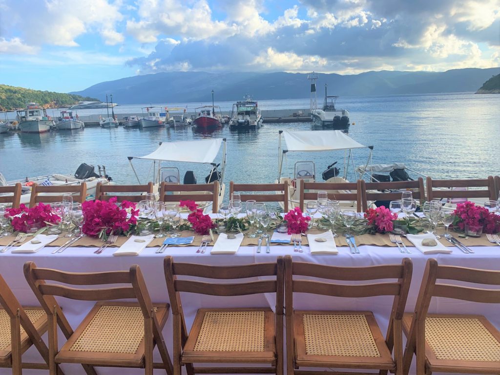 Table arrangement for wedding ceremony on the beach, Ithaca Greece