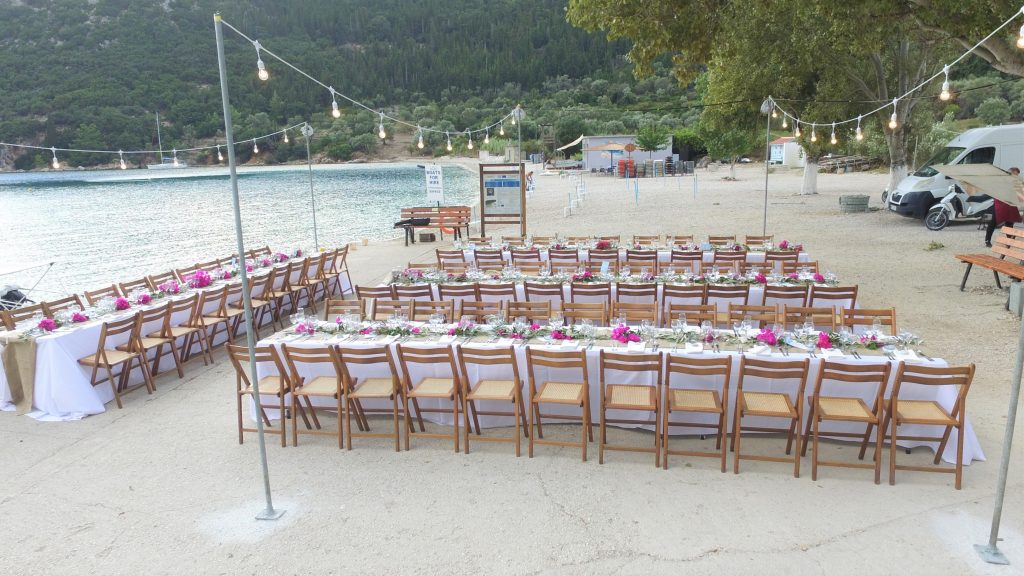 Table arrangements at beach wedding reception, Ithaca Greece