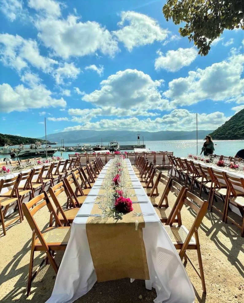 Table arrangements at beach wedding reception on Ithaca Greece