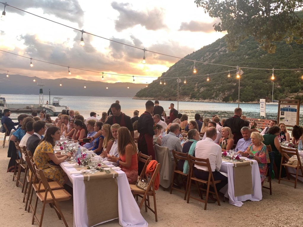 Tables at beach wedding reception, Ithaca Greece