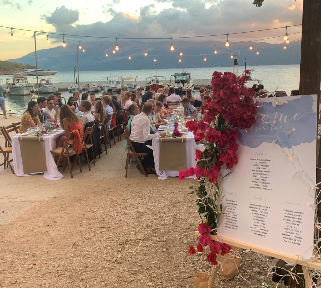 Tables at beach wedding reception, Ithaca Greece