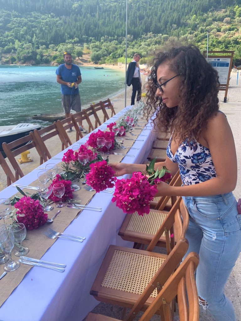 Table arrangements for beach wedding ceremony on Ithaca Greece