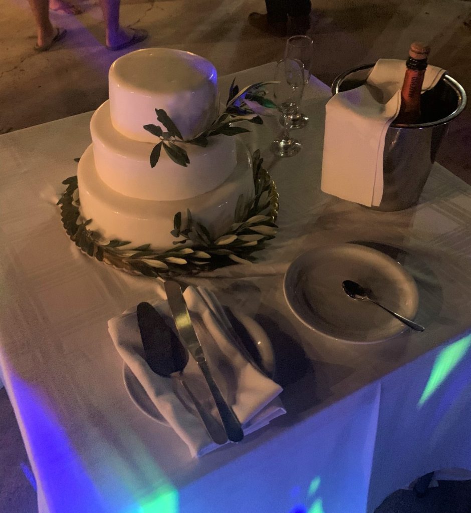 Cake at wedding reception at Poli Beach, Ithaca Greece