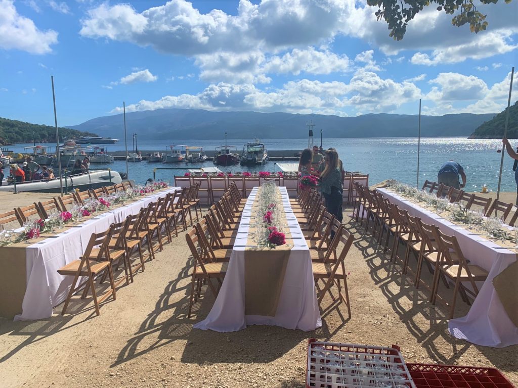 Table arrangements for beach wedding ceremony on Ithaca Greece