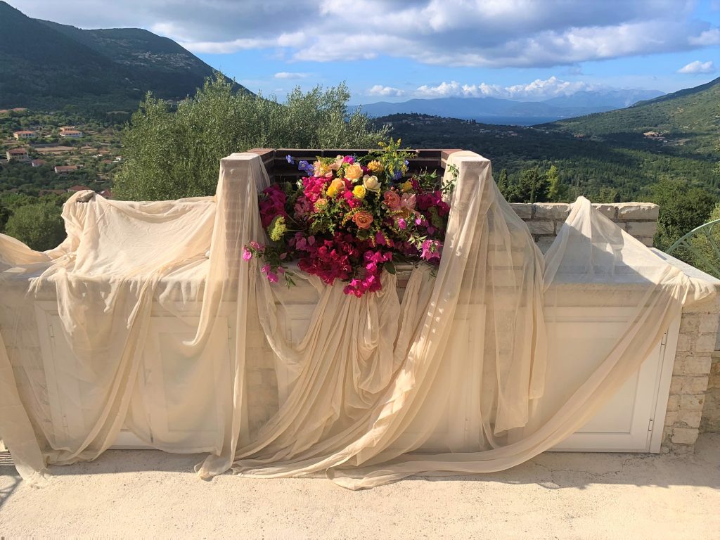 Flower arrangement for wedding ceremony on Ithaca Greece