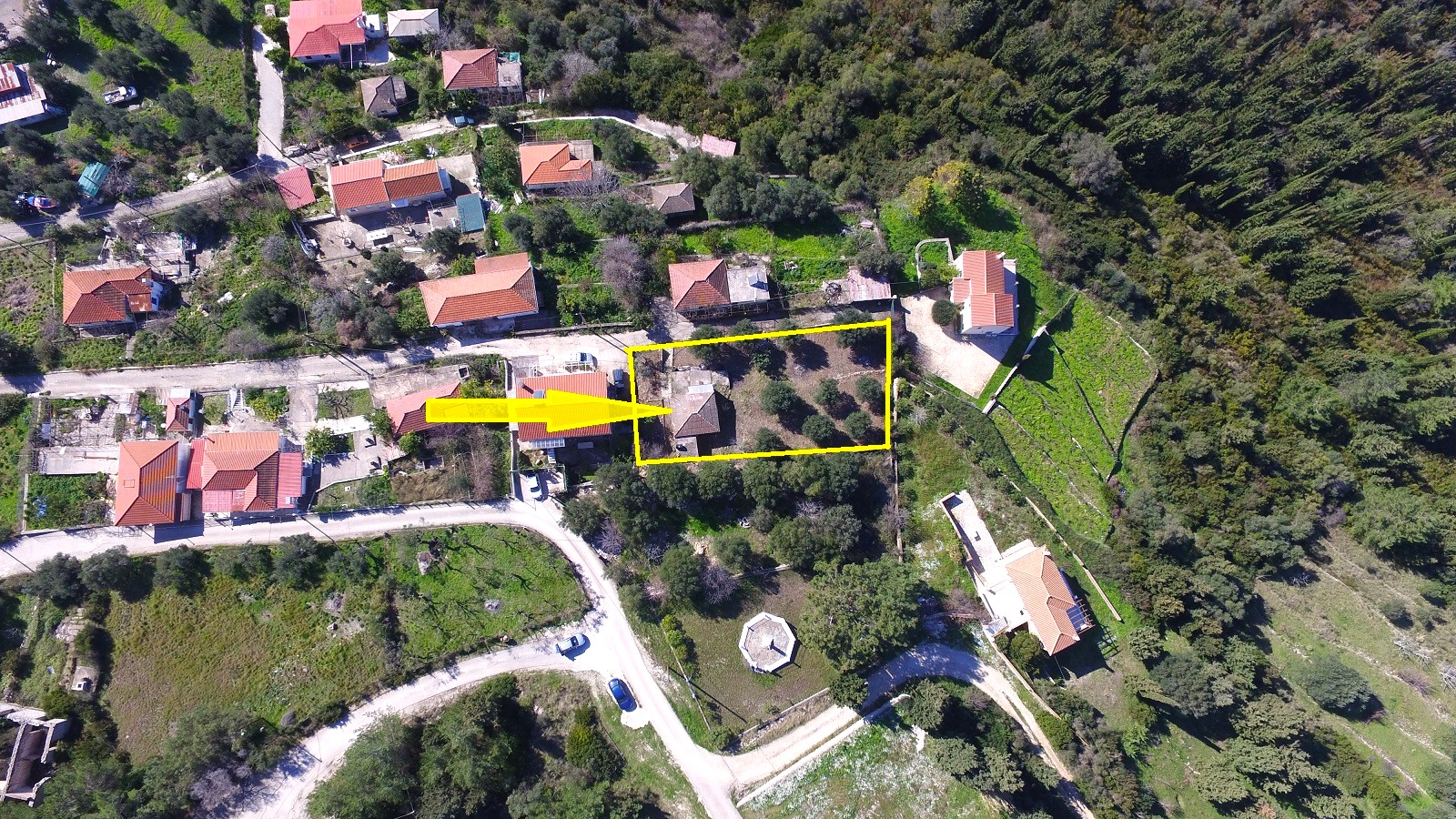 Aerial views with border outlines of house for sale in Ithaca Greece, Platrithya