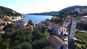 Aerial views of the property and landscape of land for sale in Kioni, Ithaca Greece
