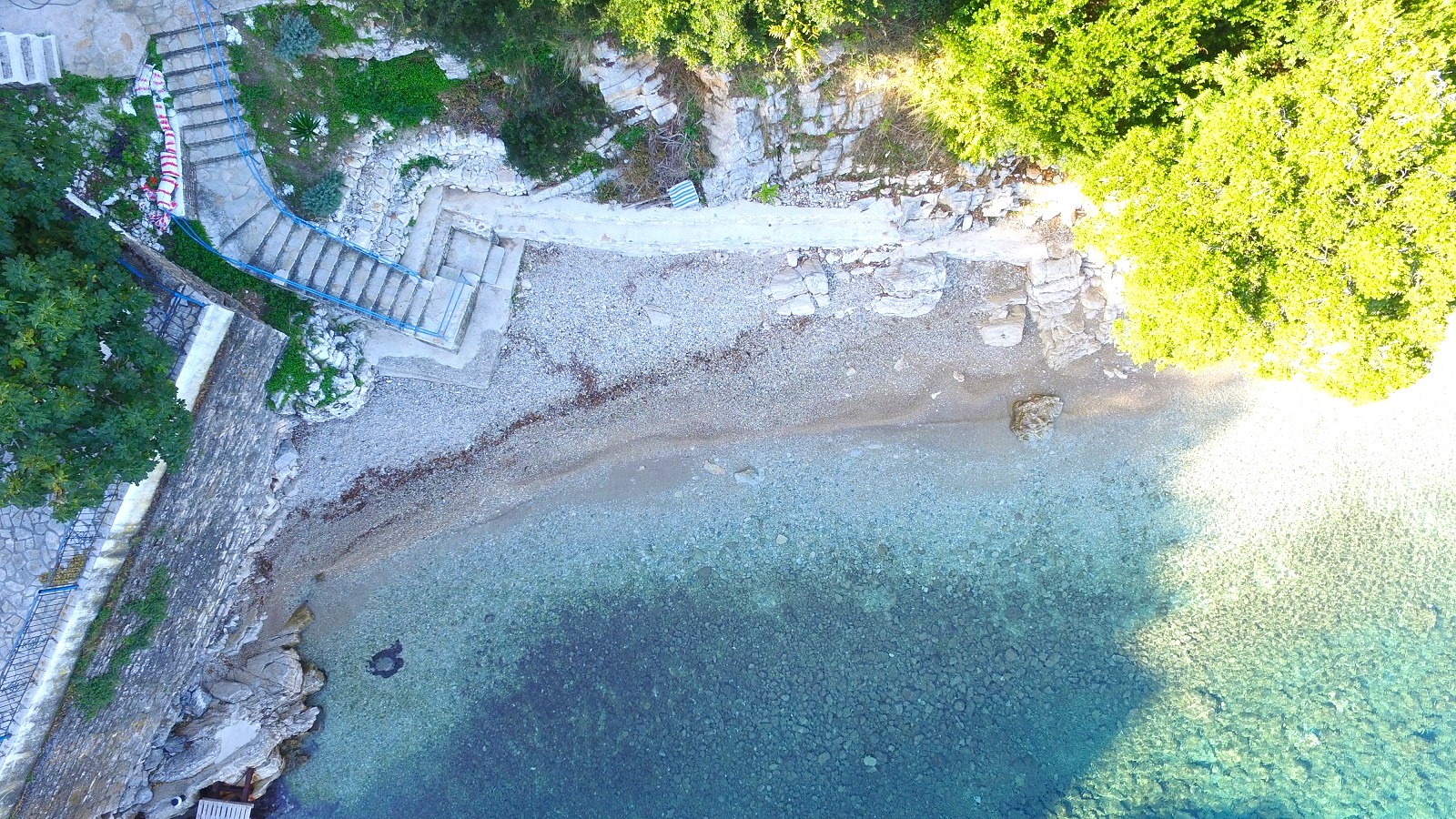 Aerial views of beach in front of ruin for sale in Ithaca Greece, Kioni