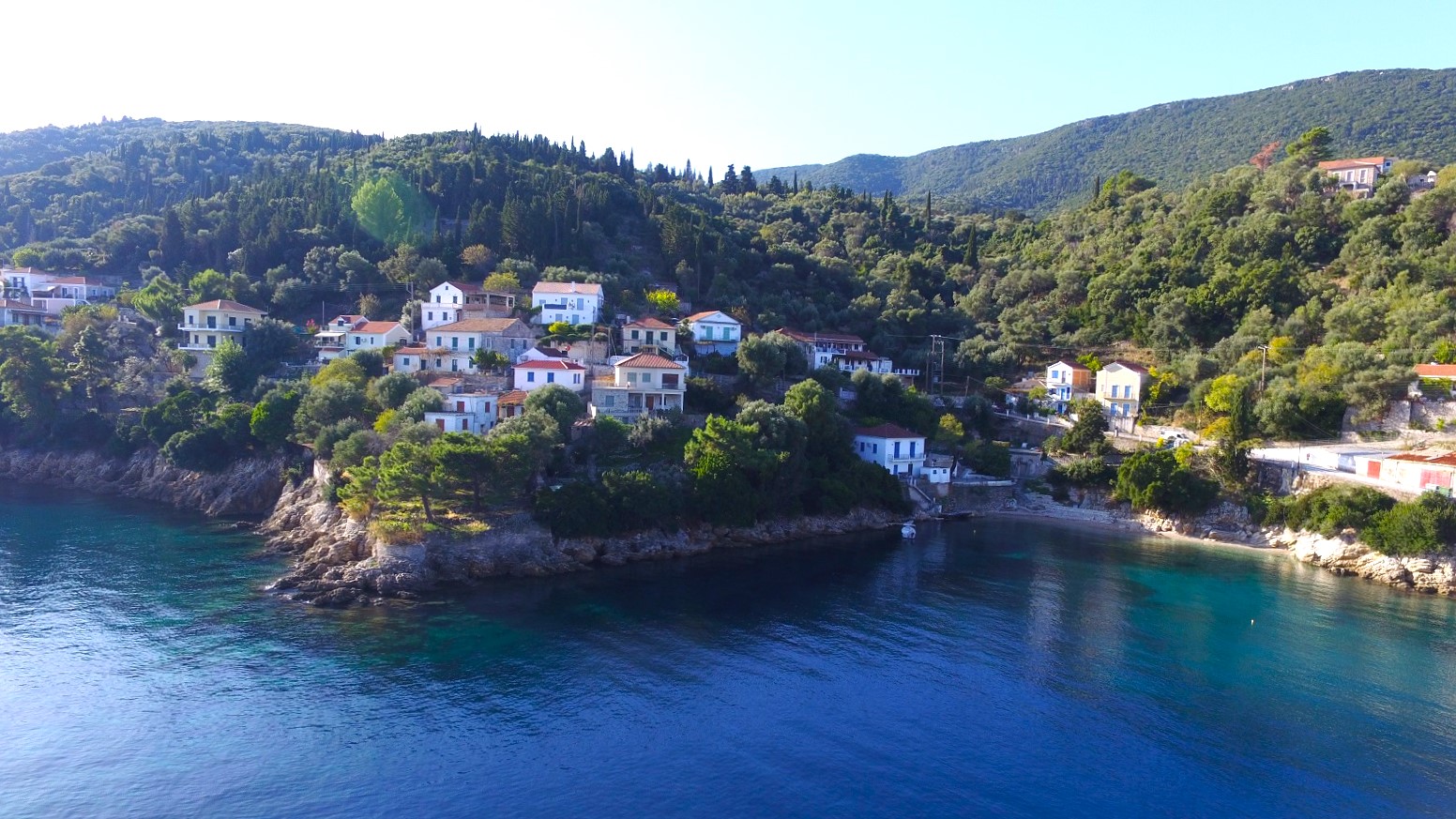 Aerial views of the beach with ruin for sale in Ithaca Greece, Kioni